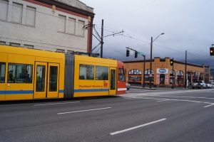 The Loop Streetcar testing on NE Broadway.  Photo courtesy Portland Streetcar Inc. 